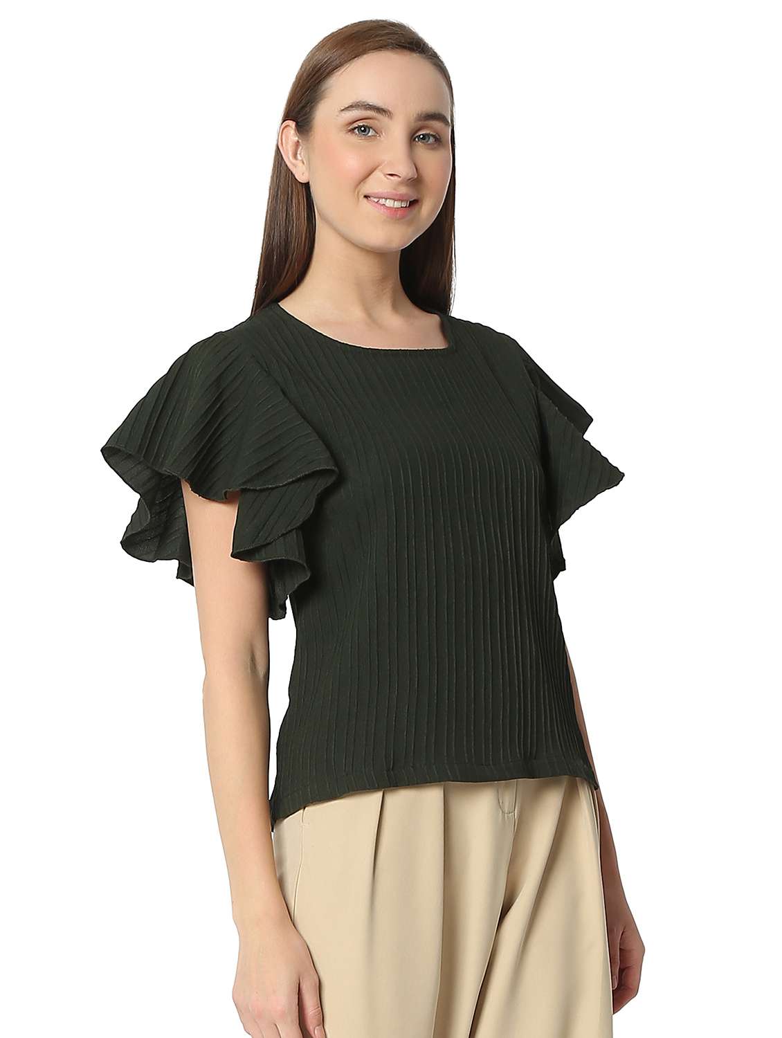 women solid ruffled sleeves regular top - 21905205 - Standard Image - 2