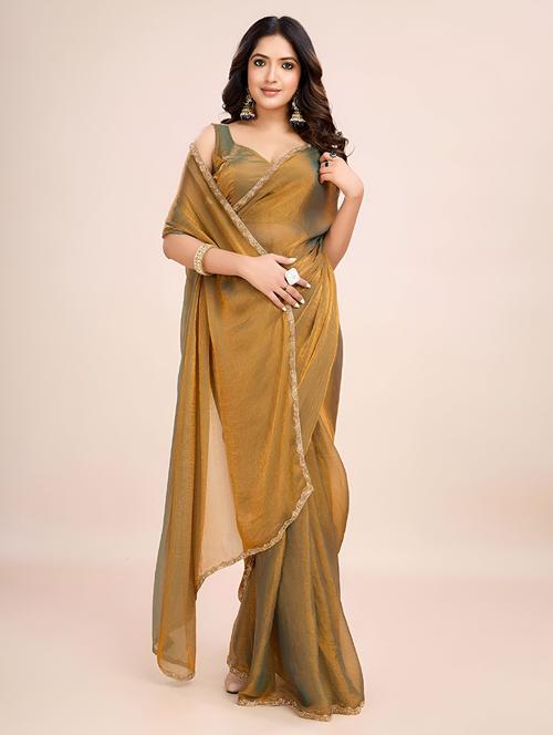women gold plain embellished border saree with blouse - 21905212 - Standard Image - 0