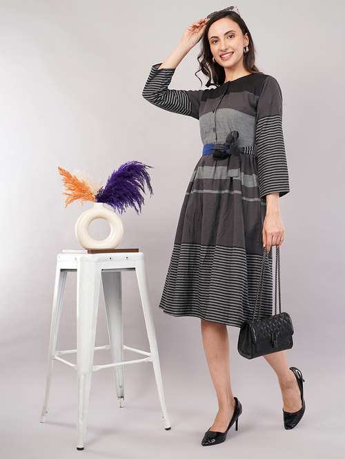 women striped round neck a-line dress - 21905236 - Standard Image - 0