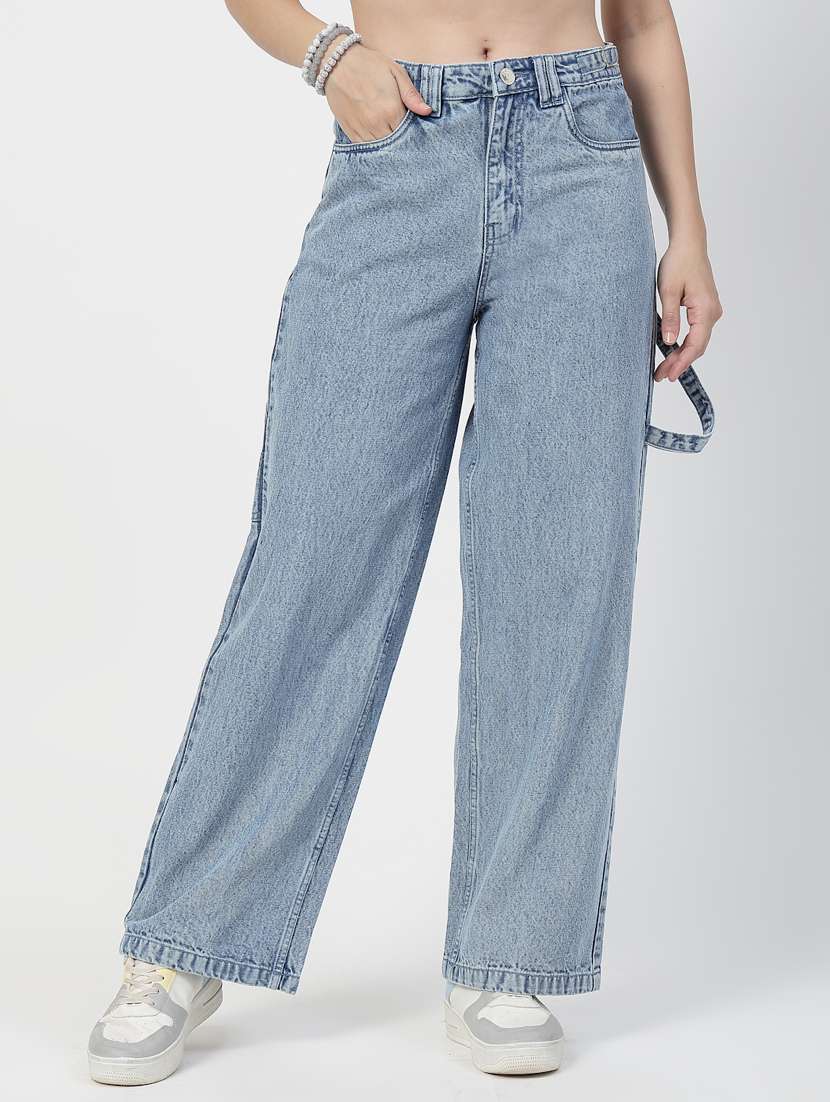women solid mid rise wide leg jean
