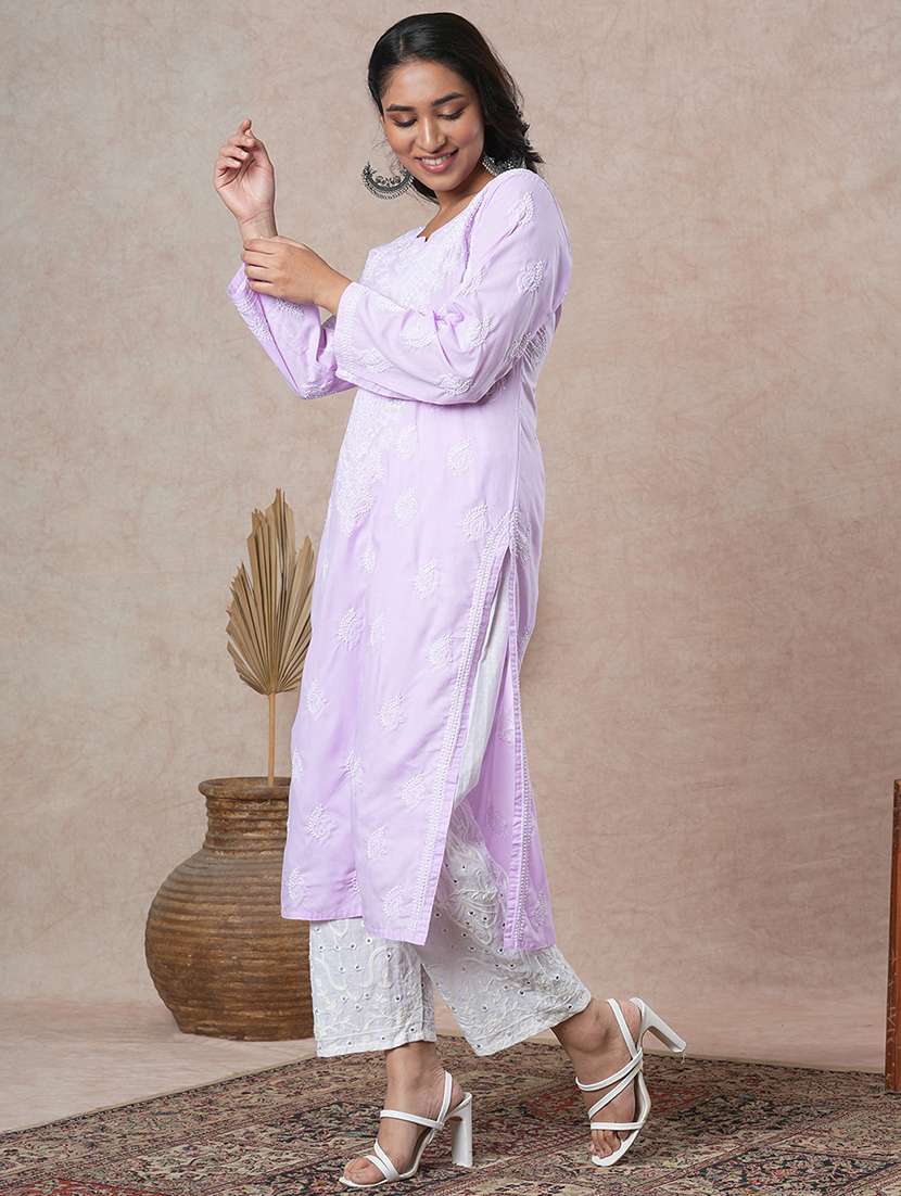 women long sleeve straight chikankari kurta - 21905302 - Standard Image - 2