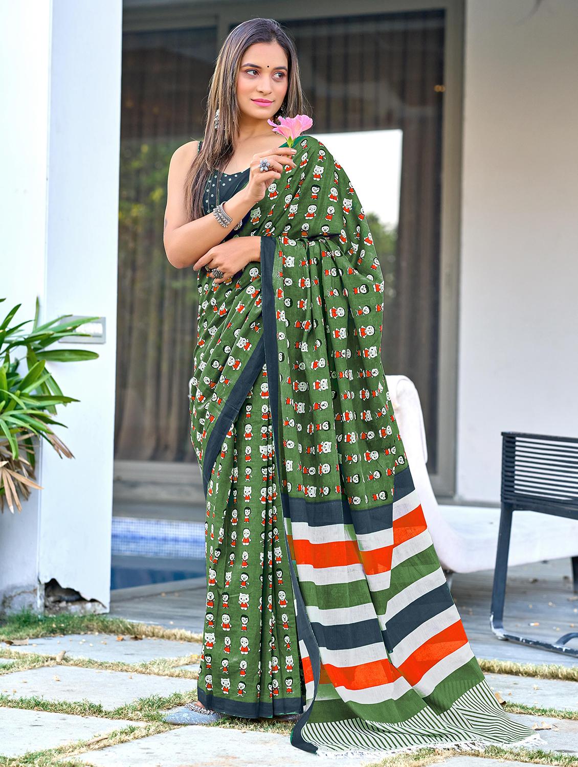 women green printed saree with blouse - 21905322 - Zoom Image - 0