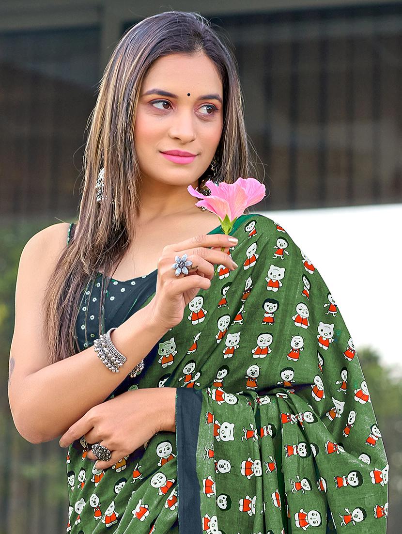women green printed saree with blouse - 21905322 - Standard Image - 2