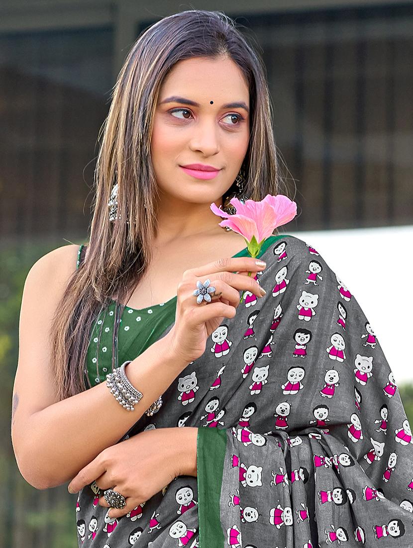women grey printed saree with blouse - 21905323 - Standard Image - 2