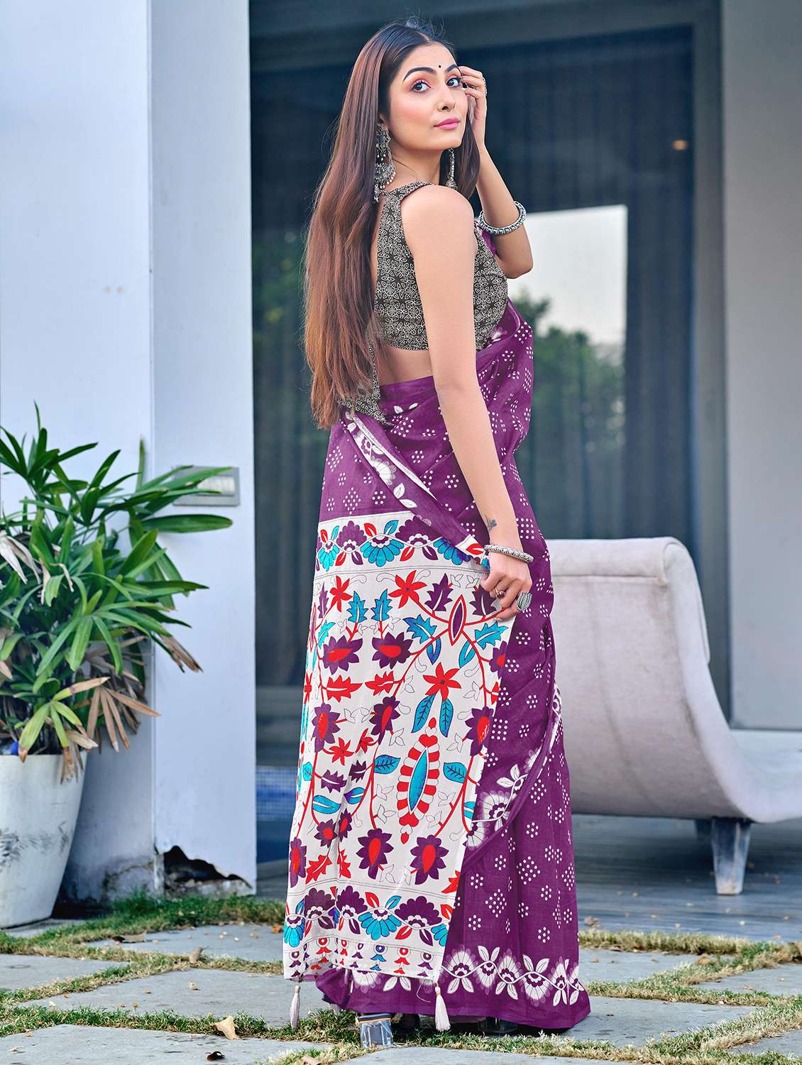 women purple printed saree with blouse - 21905328 -  Standard Image - 2