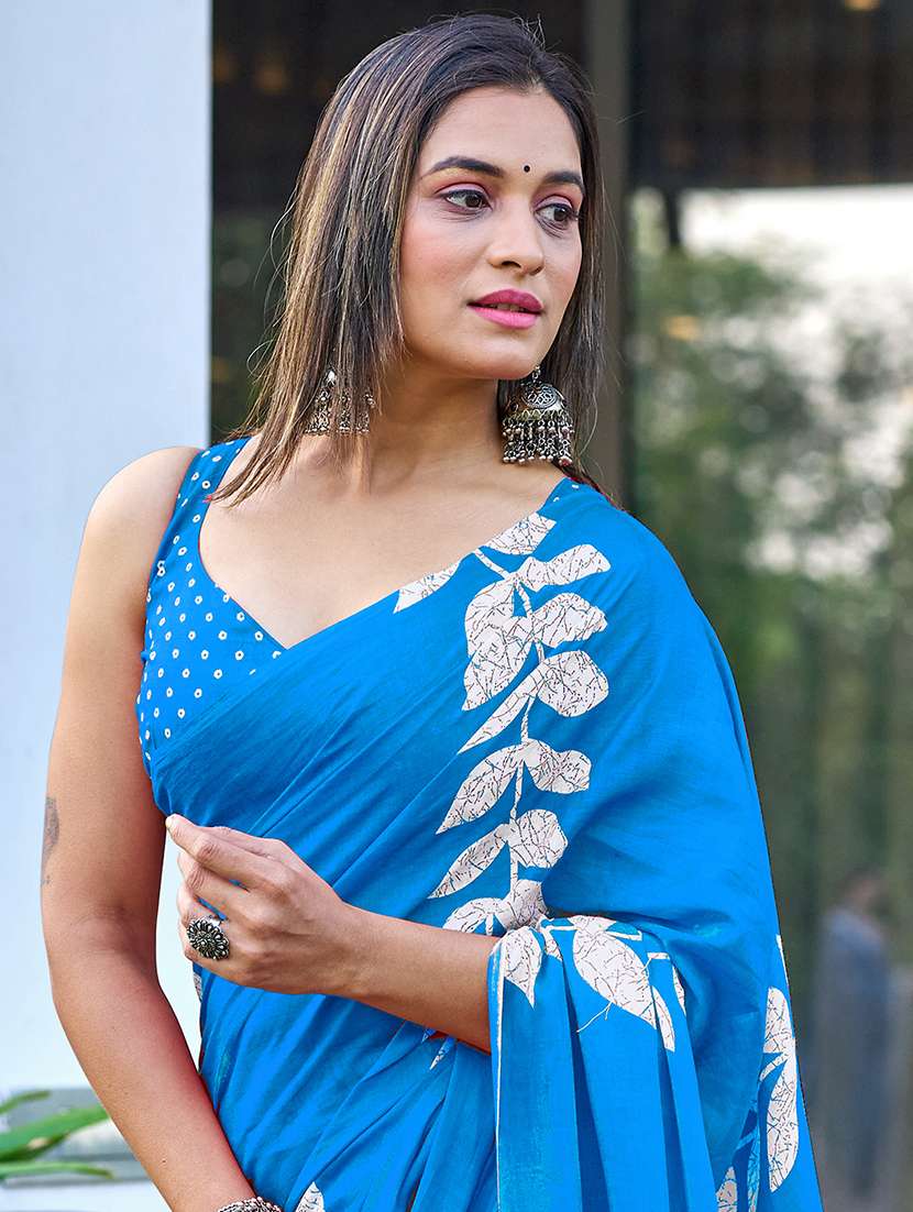women blue printed saree with blouse - 21905335 -  Standard Image - 2