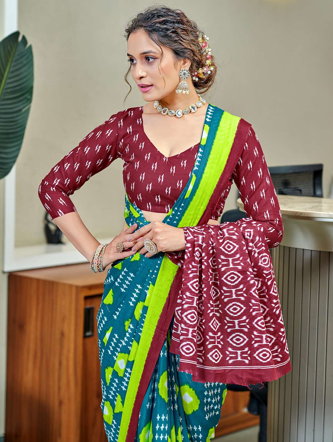 women ikat printed casual wear saree with blouse - 21905370 -  Standard Image - 2