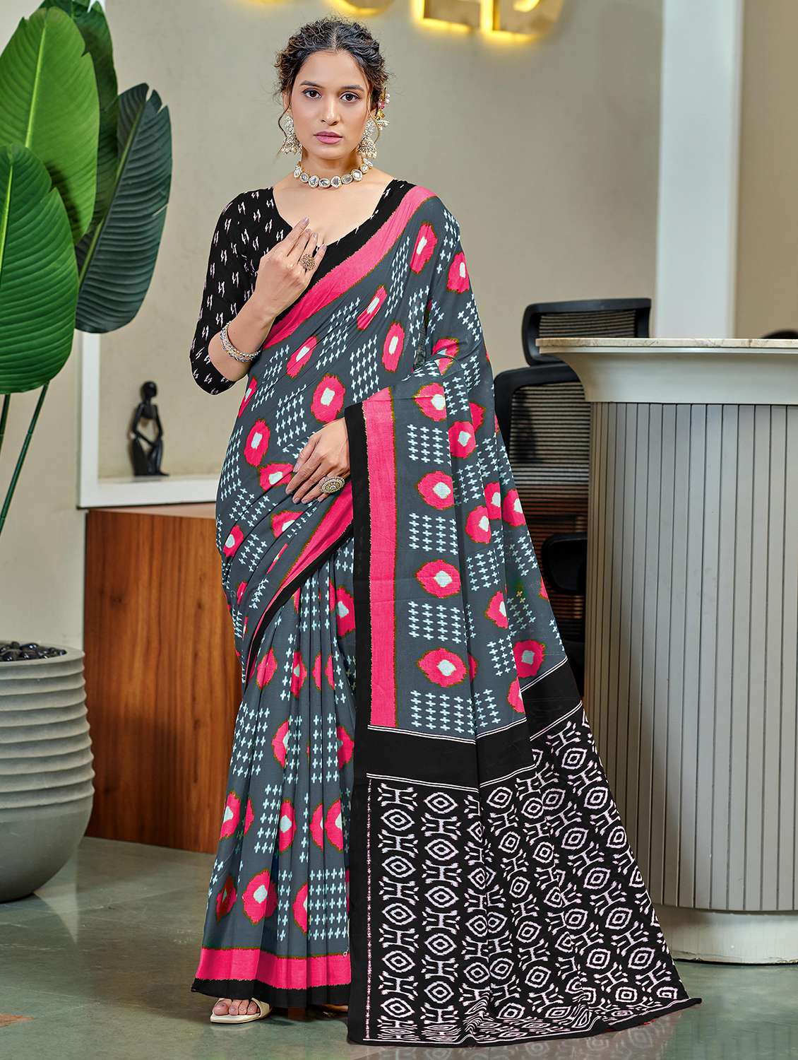 women ikat printed casual wear saree with blouse