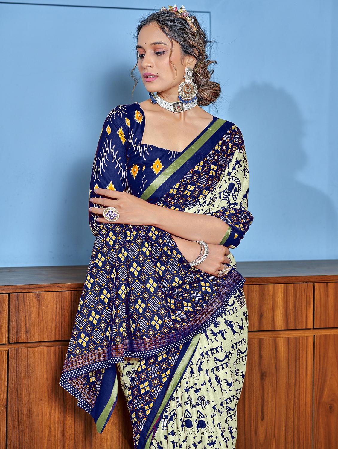 women blue printed saree with blouse - 21905416 - Standard Image - 2