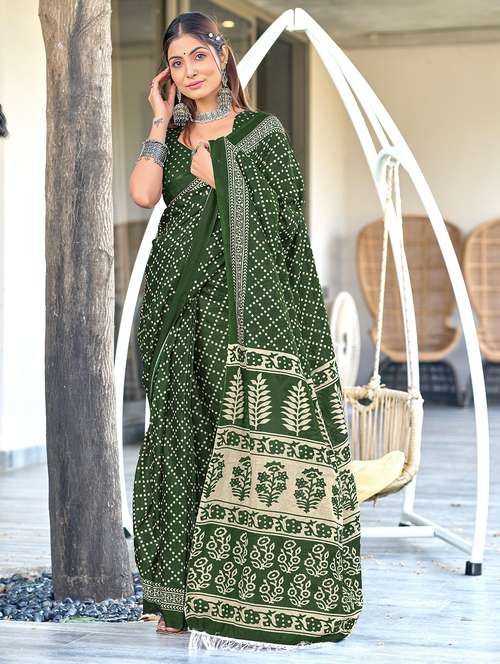 women green printed saree with blouse - 21905430 - Standard Image - 0