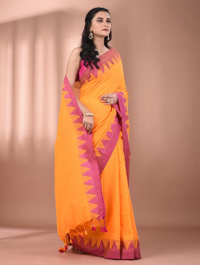 women solid with bordered handloom saree with blouse - 21905517 - Standard Image - 2