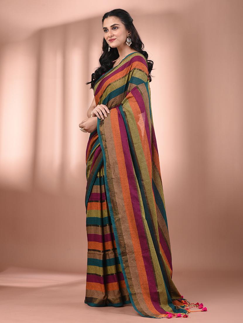 women striped handloom saree with blouse - 21905525 - Standard Image - 2