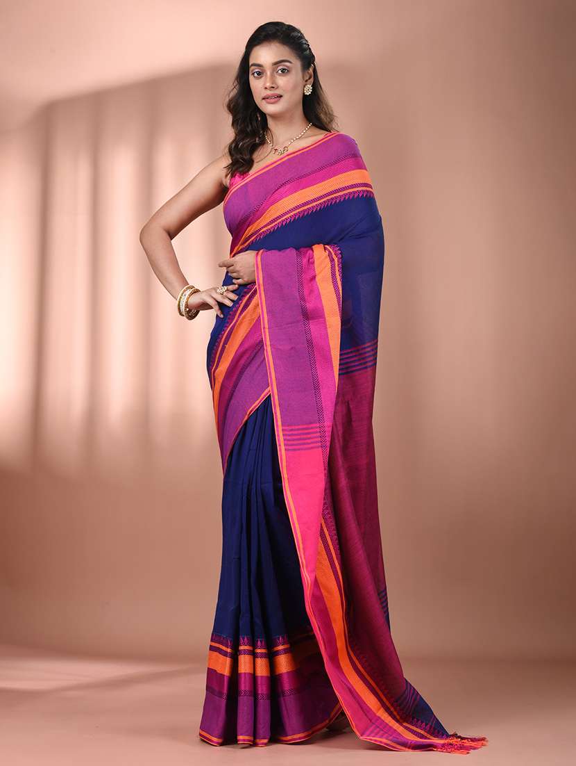 women blue handloom saree with blouse