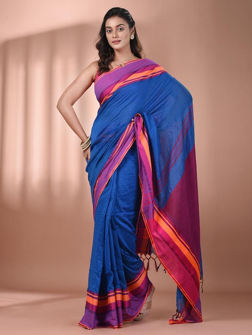 women blue handloom saree with blouse - 21905543 -  Zoom Image - 0