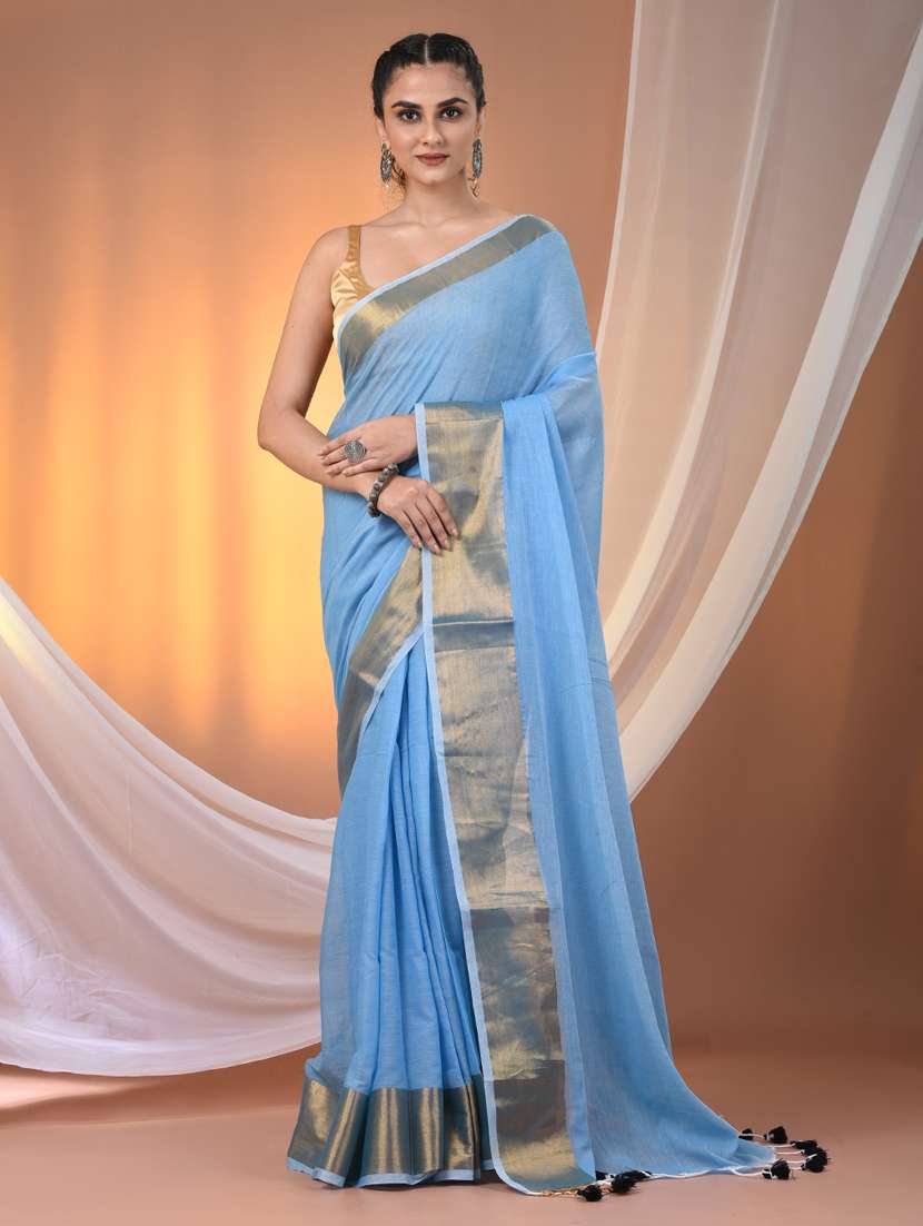 women solid with bordered handloom saree