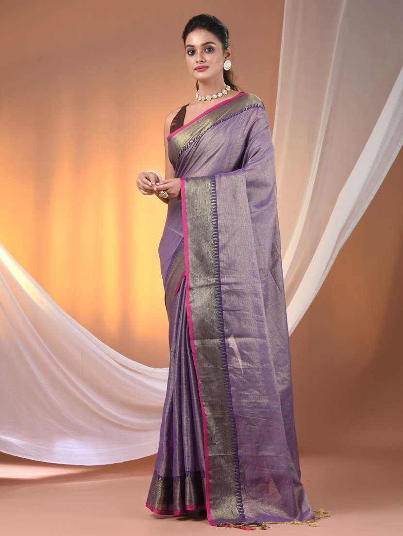 women solid with bordered handloom saree with blouse - 21905559 - Zoom Image - 0