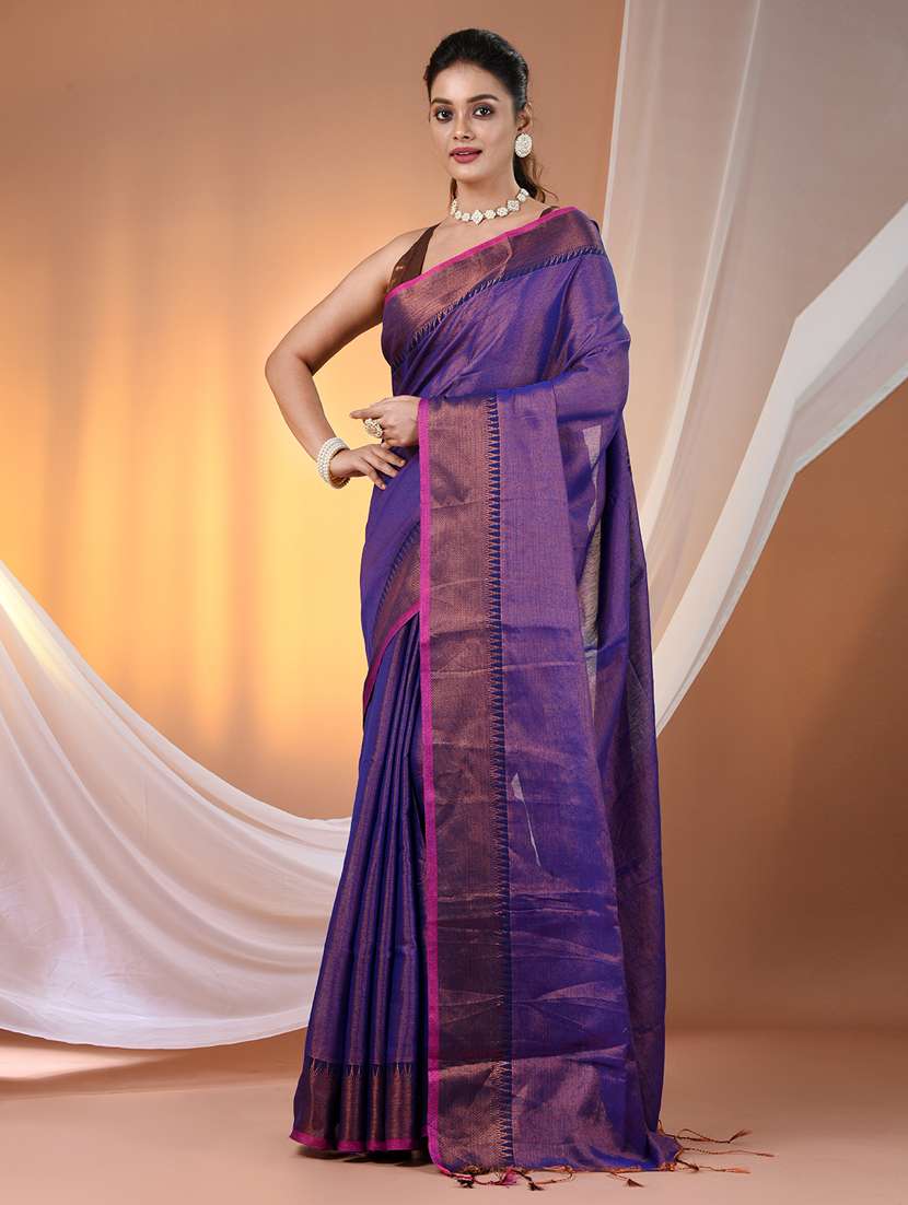 women solid with bordered handloom saree with blouse