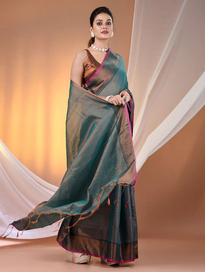 women solid with bordered handloom saree with blouse - 21905562 - Standard Image - 2