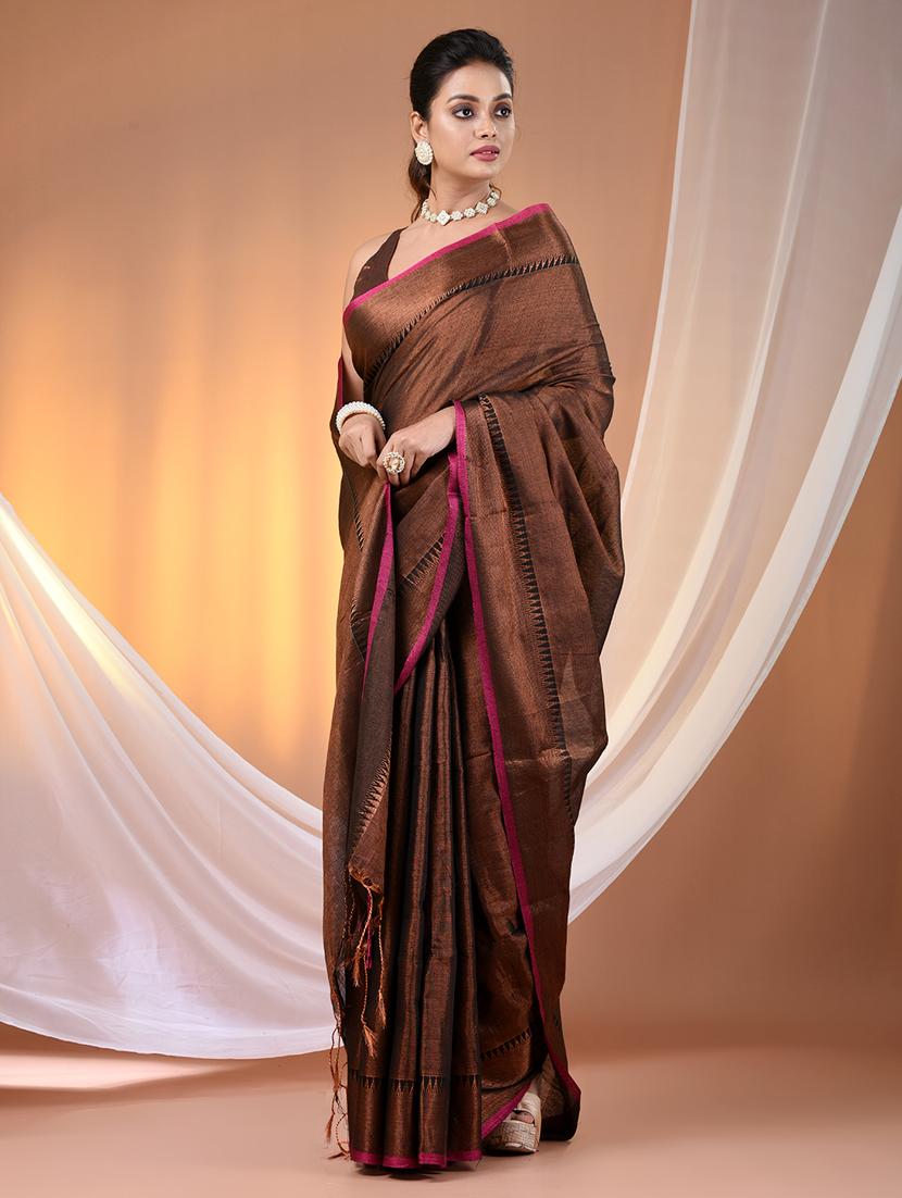 women brown handloom saree with blouse