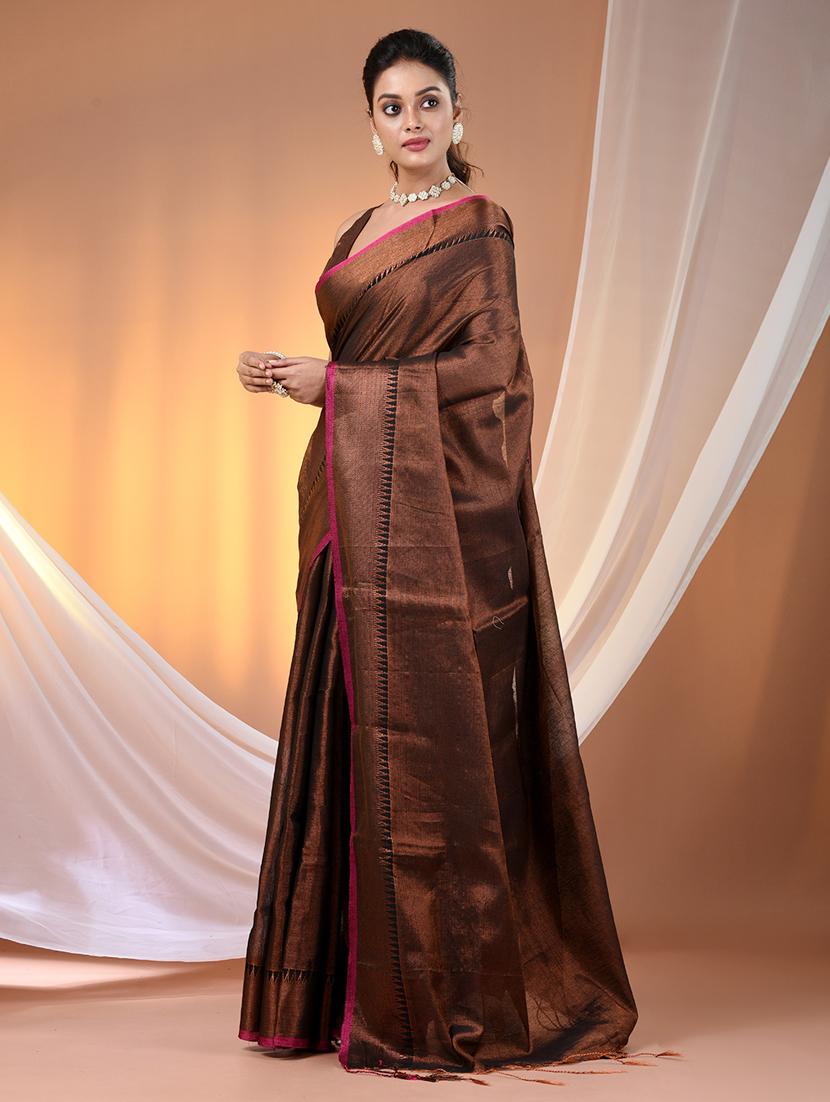 women brown handloom saree with blouse - 21905570 - Standard Image - 2