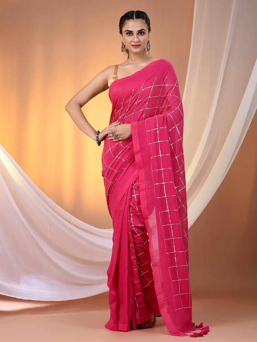 women checkered handloom saree with blouse - 21905581 - Zoom Image - 0
