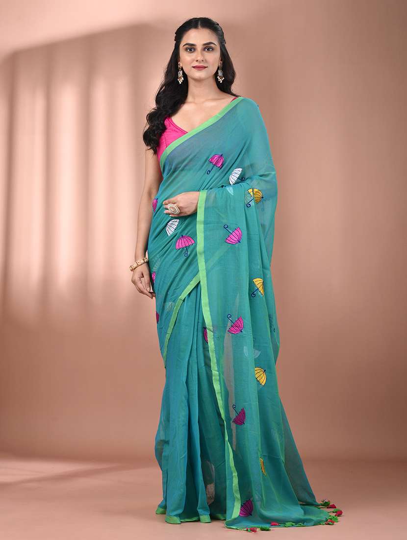 women sea green handloom saree
