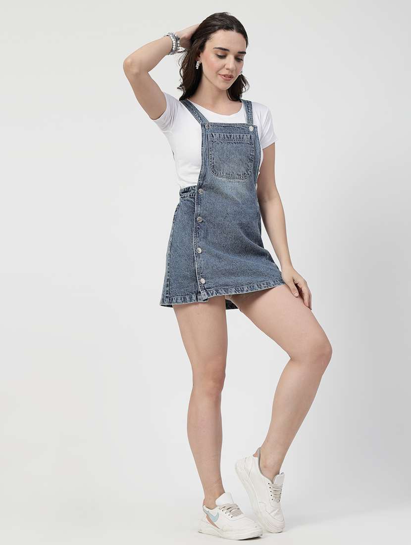 Women Solid Denim Dungaree Dress
