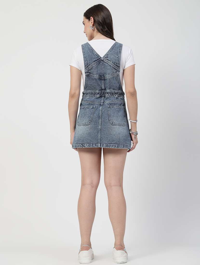 Women Solid Denim Dungaree Dress