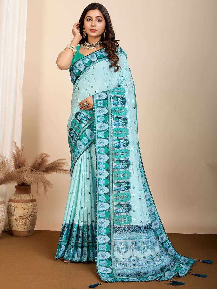 women light blue printed saree with blouse