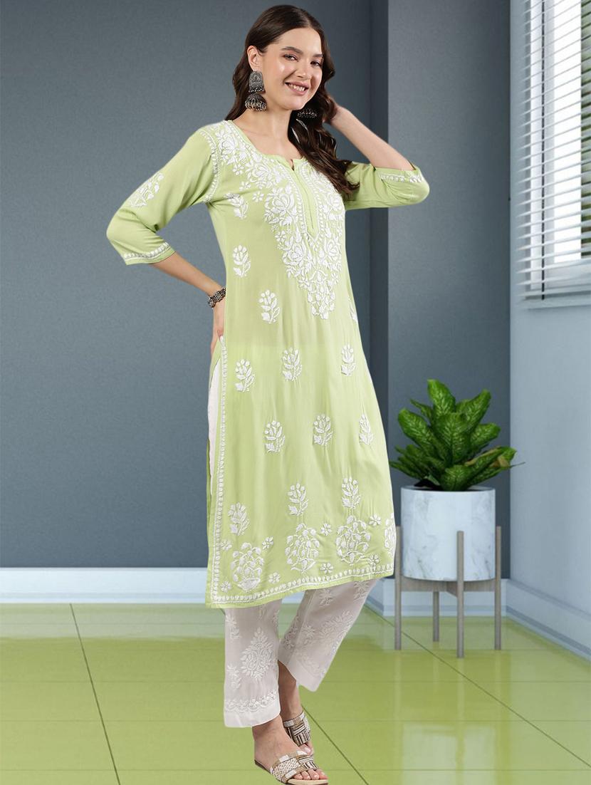 women three quarter sleeve straight chikankari kurta - 21906067 - Standard Image - 2