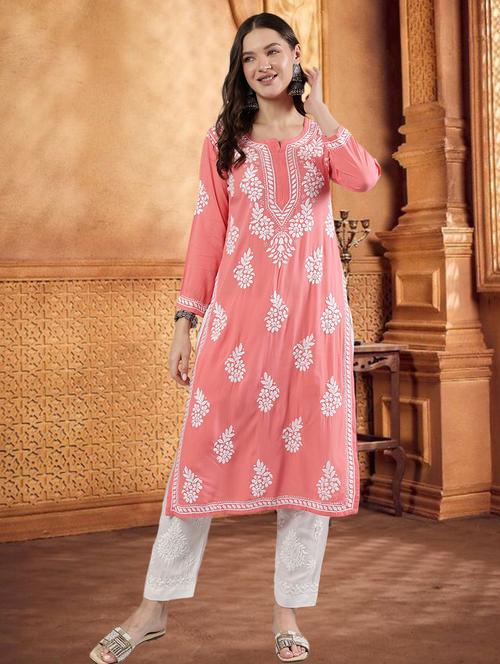 women three quarter sleeve straight chikankari kurta - 21906069 - Standard Image - 0