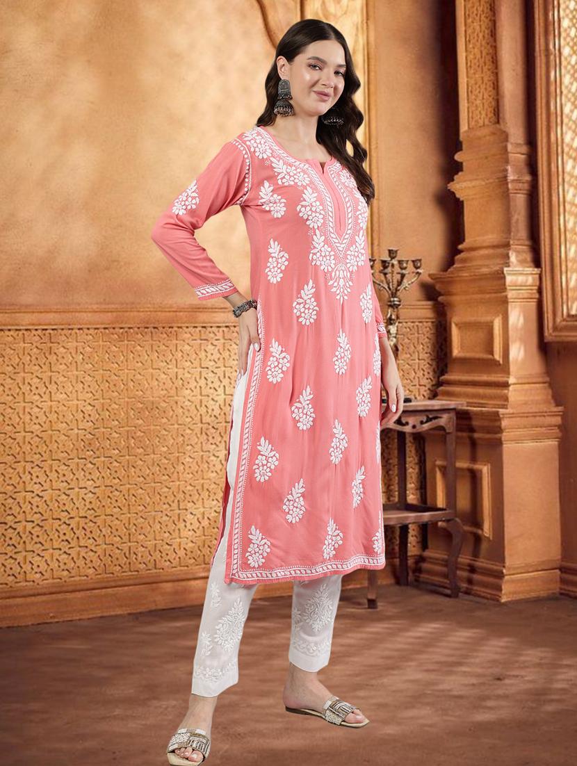women three quarter sleeve straight chikankari kurta - 21906069 - Standard Image - 2