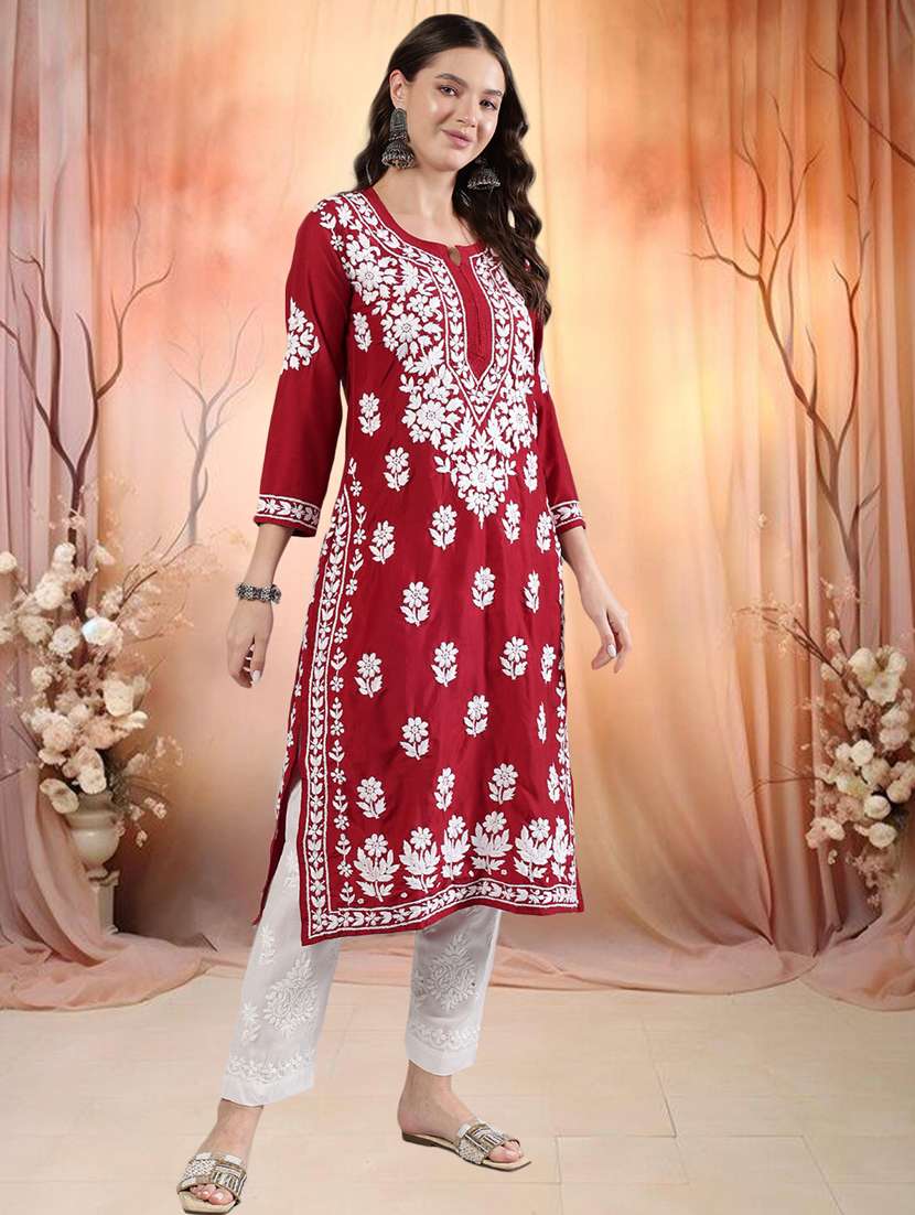 women three quarter sleeve straight chikankari kurta - 21906072 -  Standard Image - 2