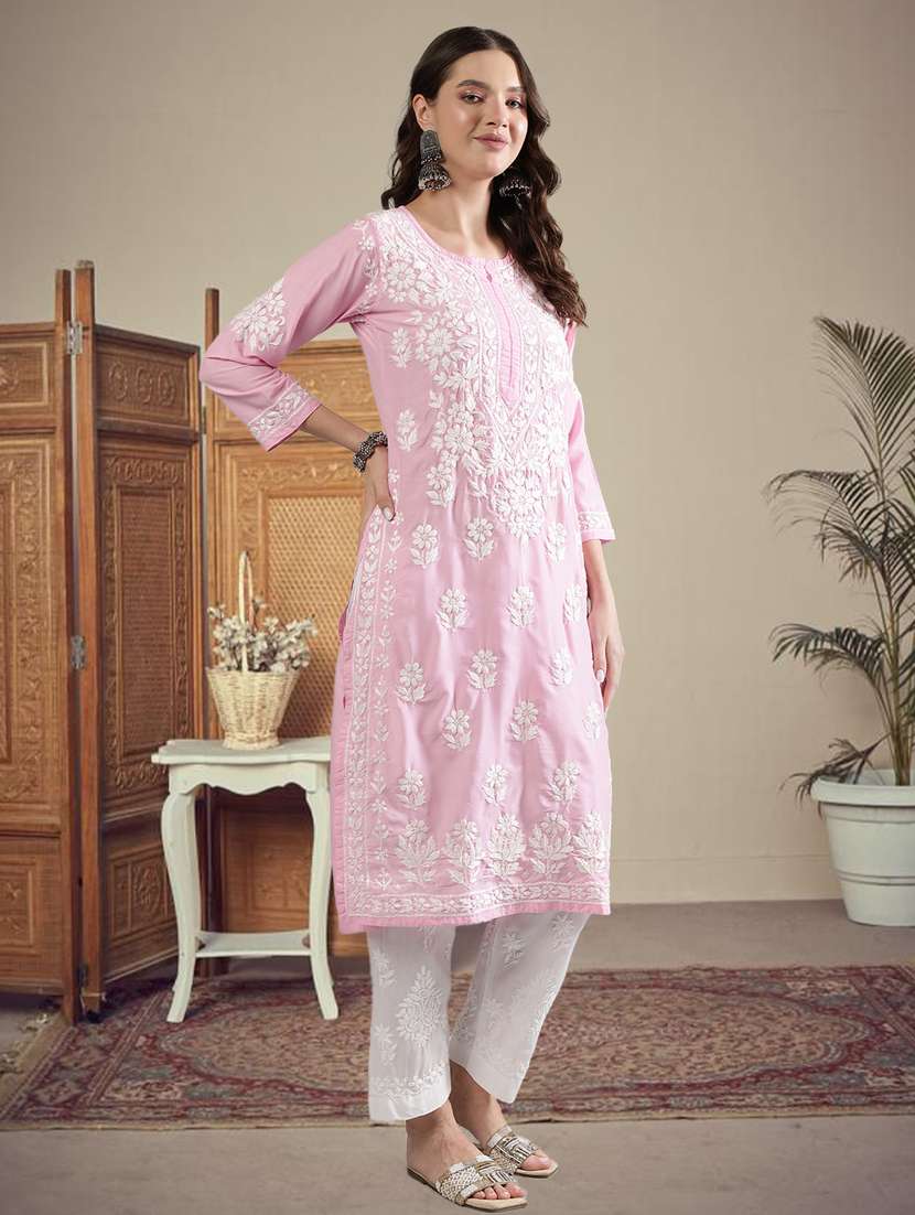 women three quarter sleeve straight chikankari kurta - 21906073 -  Standard Image - 2