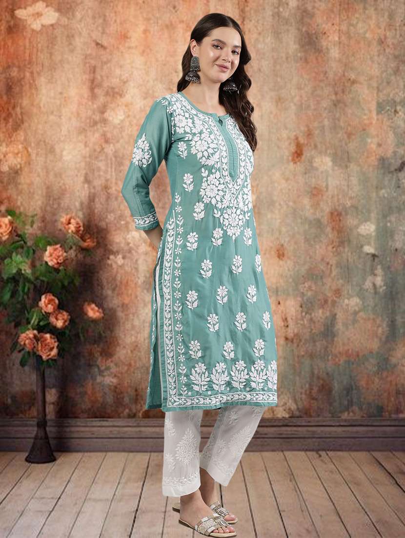 women three quarter sleeve straight chikankari kurta - 21906074 -  Standard Image - 2