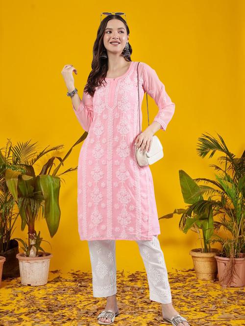 women three quarter sleeve straight chikankari kurta - 21906075 -  Standard Image - 0