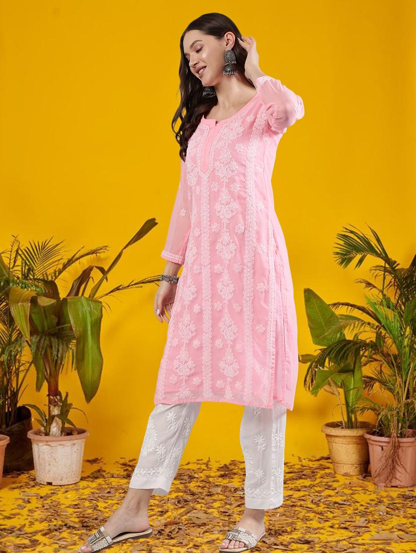 women three quarter sleeve straight chikankari kurta - 21906075 - Standard Image - 2