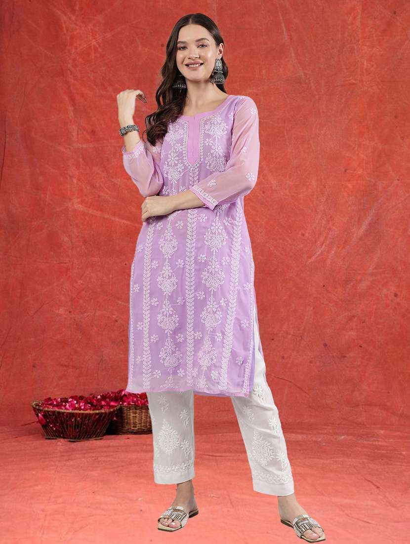 women three quarter sleeve straight chikankari kurta