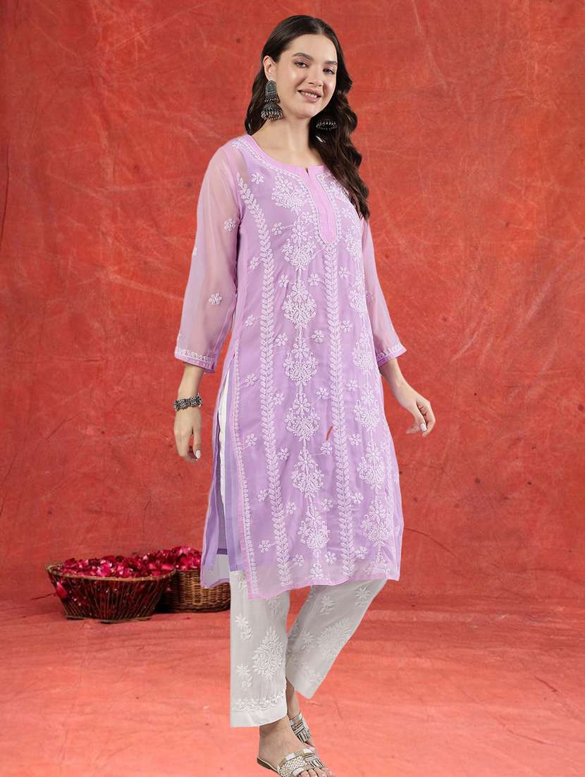 women three quarter sleeve straight chikankari kurta - 21906076 -  Standard Image - 2