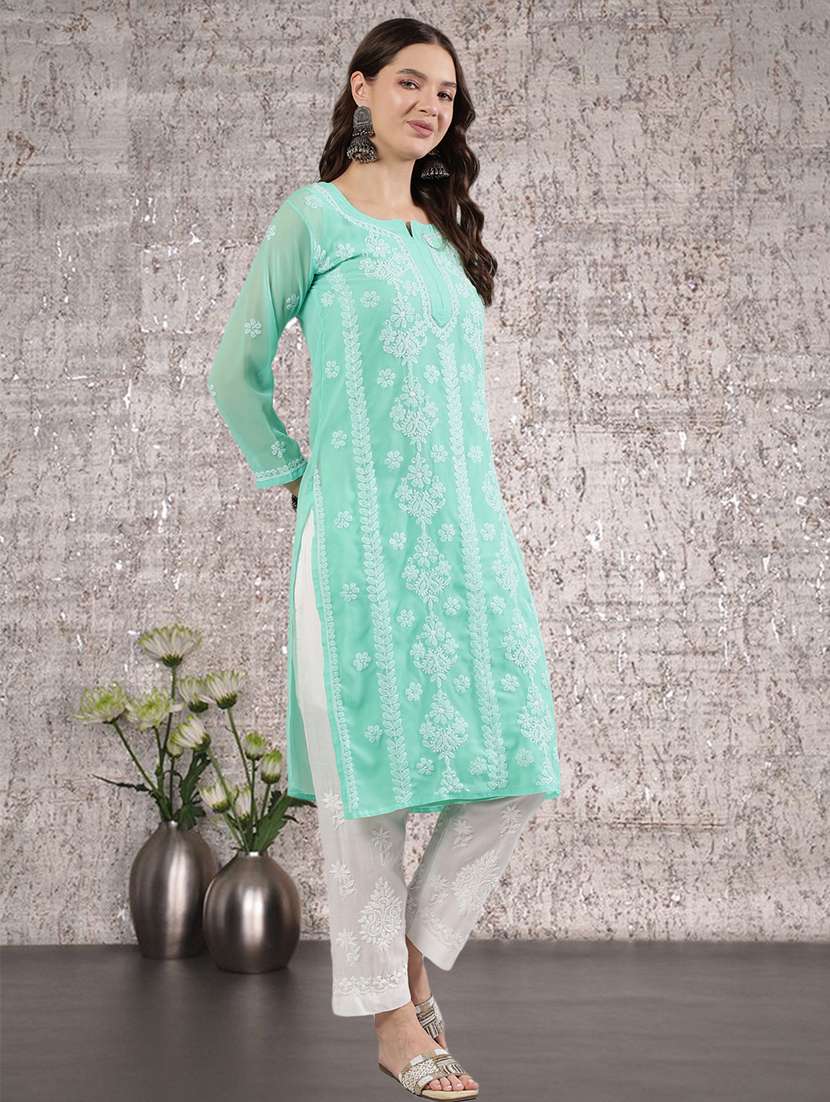 women three quarter sleeve straight chikankari kurta - 21906077 -  Standard Image - 2