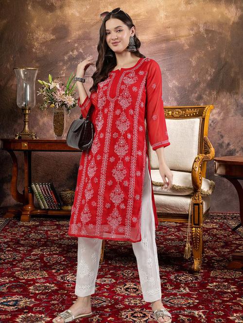 women three quarter sleeve straight chikankari kurta - 21906078 -  Standard Image - 0