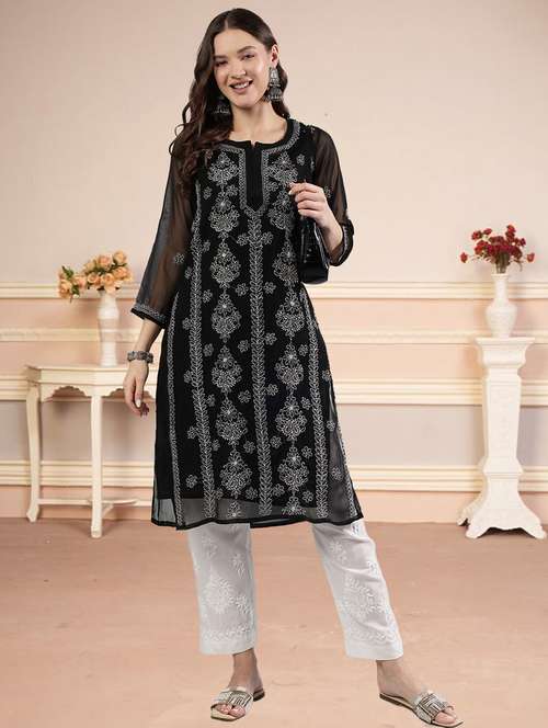 women three quarter sleeve straight chikankari kurta - 21906079 - Standard Image - 0