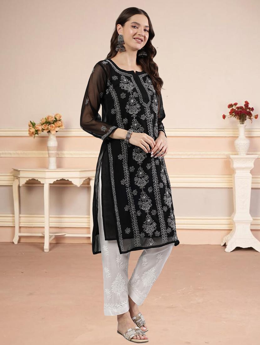 women three quarter sleeve straight chikankari kurta - 21906079 - Standard Image - 2