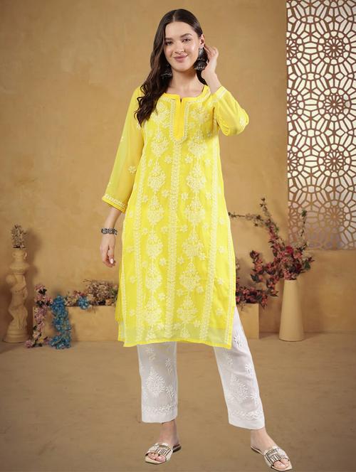 women three quarter sleeve straight chikankari kurta - 21906080 - Standard Image - 0