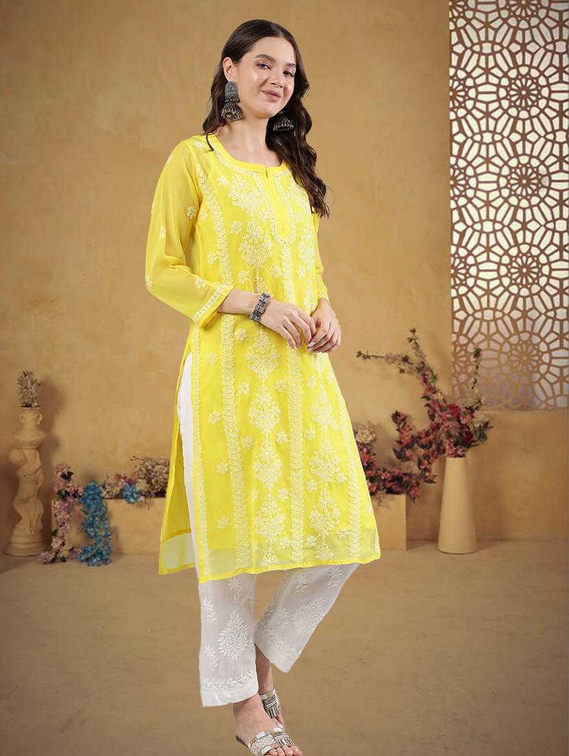 women three quarter sleeve straight chikankari kurta - 21906080 - Standard Image - 2