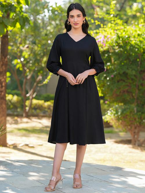 women black solid v neck fit & flare dress - 21906082 - Standard Image - 0