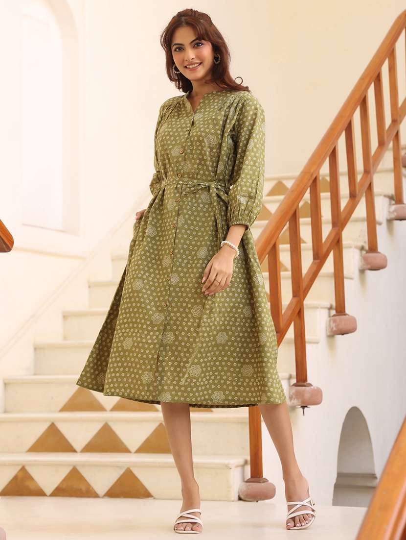women olive printed three quarter sleeve a-line dress - 21906085 - Standard Image - 2