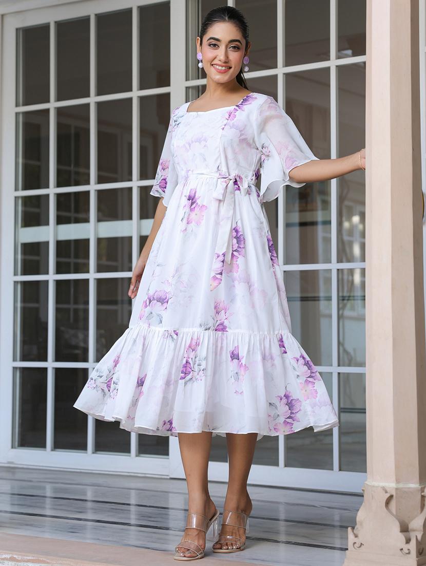 women white floral printed flared sleeve tiered dress - 21906088 - Standard Image - 2