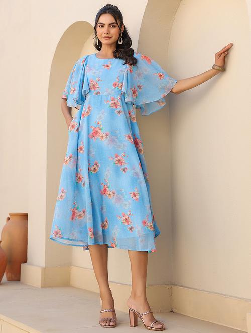 women blue floral printed flared sleeve a-line dress - 21906089 -  Standard Image - 0