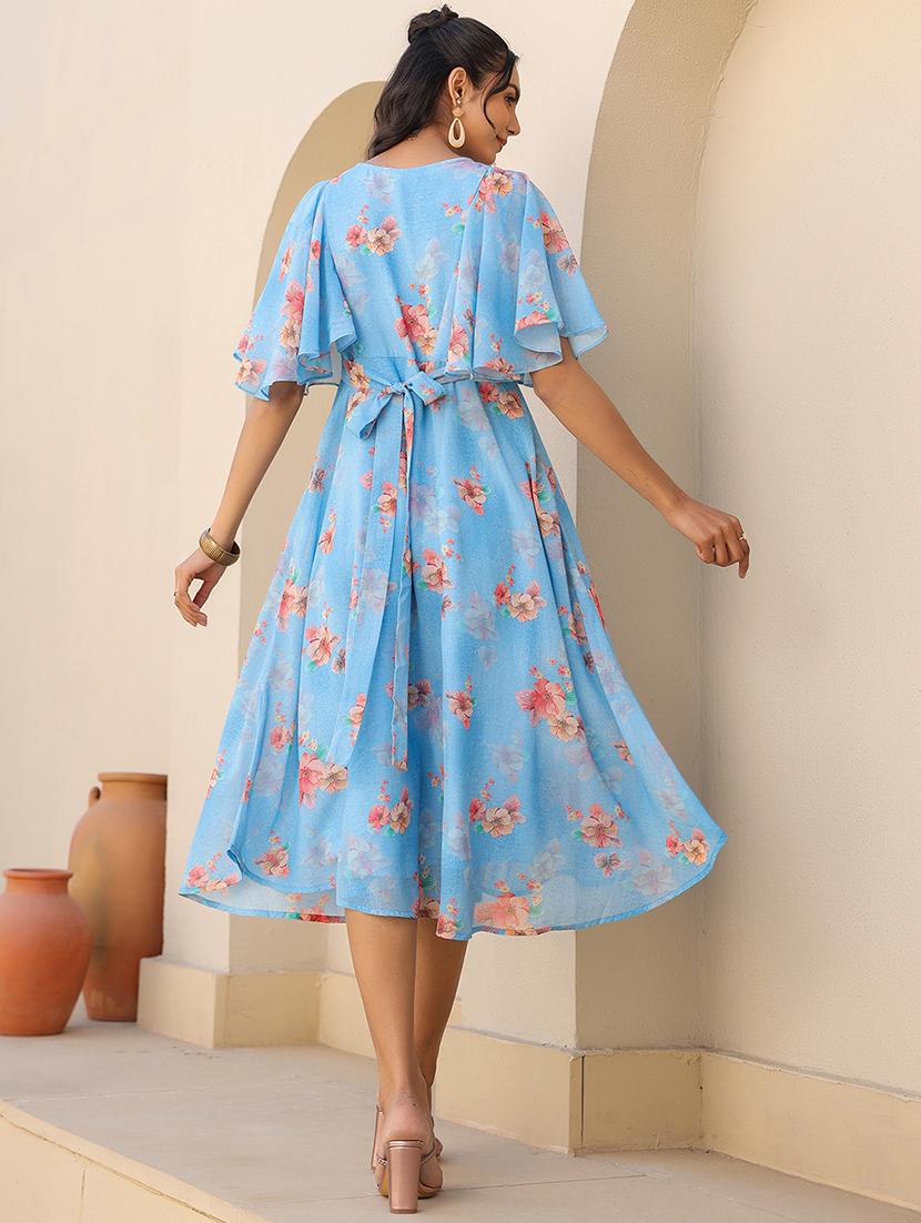 women blue floral printed flared sleeve a-line dress - 21906089 - Standard Image - 2